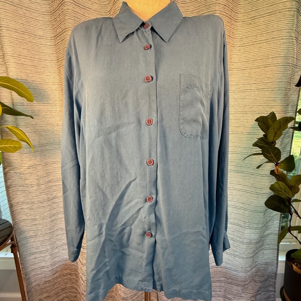 Laura Gayle Classics Woman Blue 100% Silk Button Down Blouse 20W Plus Size Y2K